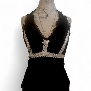 Y2K Dark Coquette / Whimsy Fairycore Lace Halter top • SIZE - L • Black Orchid